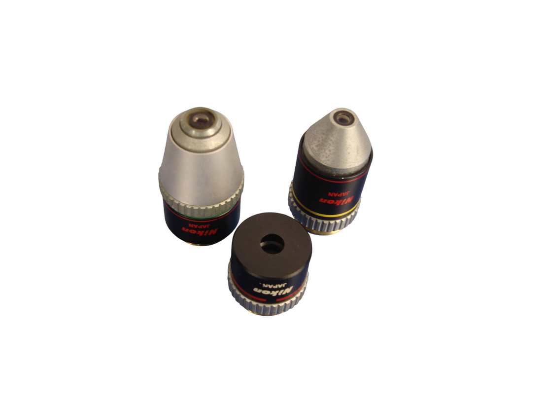 Lot of 3 Nikon Microscope Objectives E 4/0.10, E 10/0.25 PH1 DL, 20/0.4 Ph2 DL