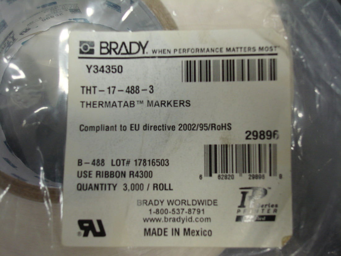 NEW BRADY THT-17-488-3 THERMAL TRANSFER PRINTABLE LABELS 3,000/ROLL